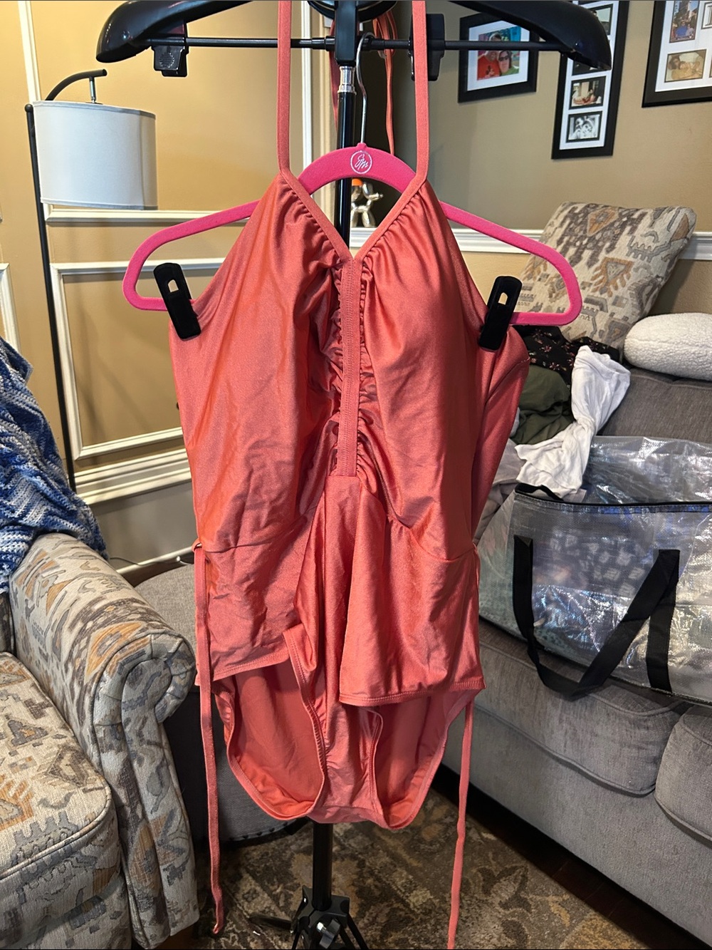 Women's Coral Halter One-Piece Swimsuit with Front Ruched Detail